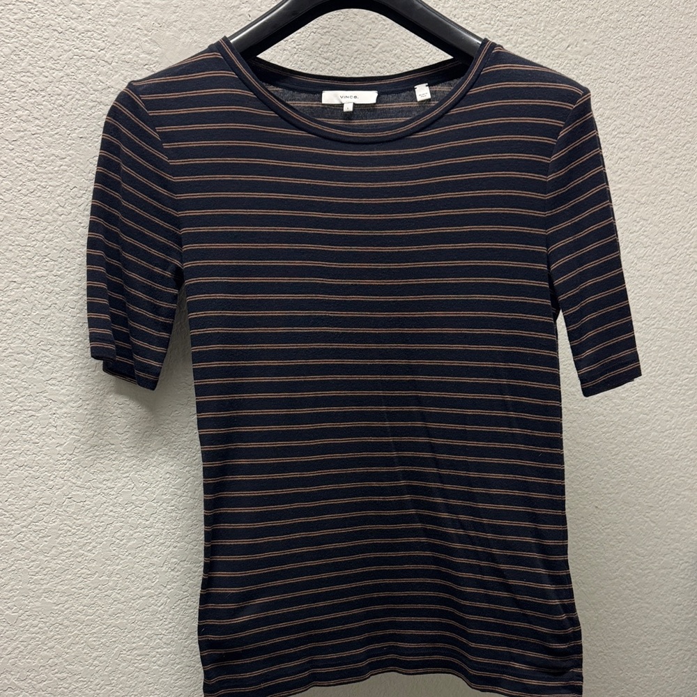 Vince Navy and and Brown/tan Striped Short Sleeve Tee, size large